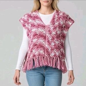 Handmade Crochet Poncho Vest Womens Large Boho Chunky Knit Fringes Oversized